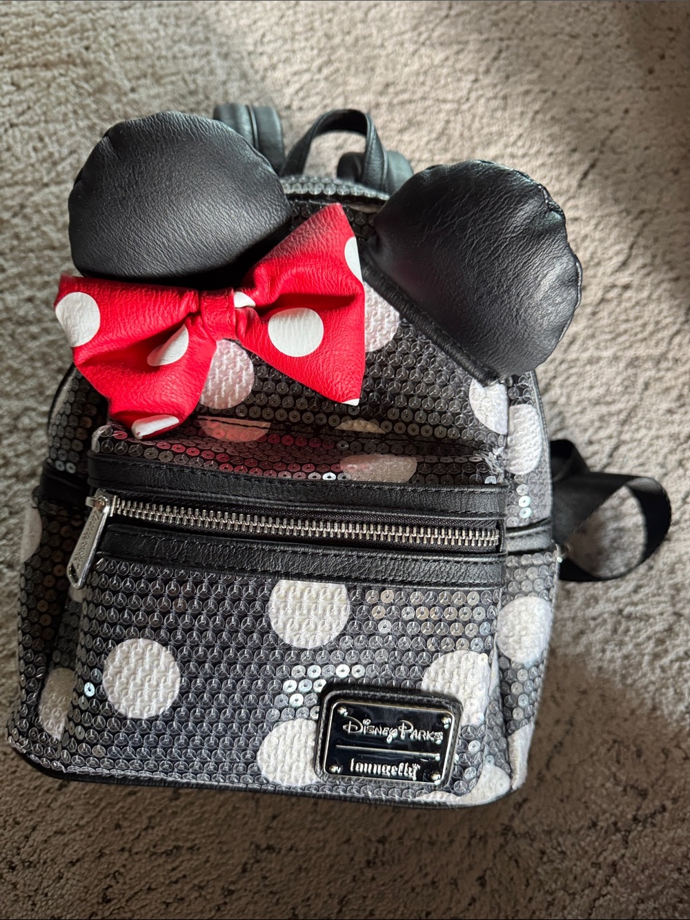 Loungefly Black Sequin Minnie Ear Mini Backpack with Red Polka Dot Bow